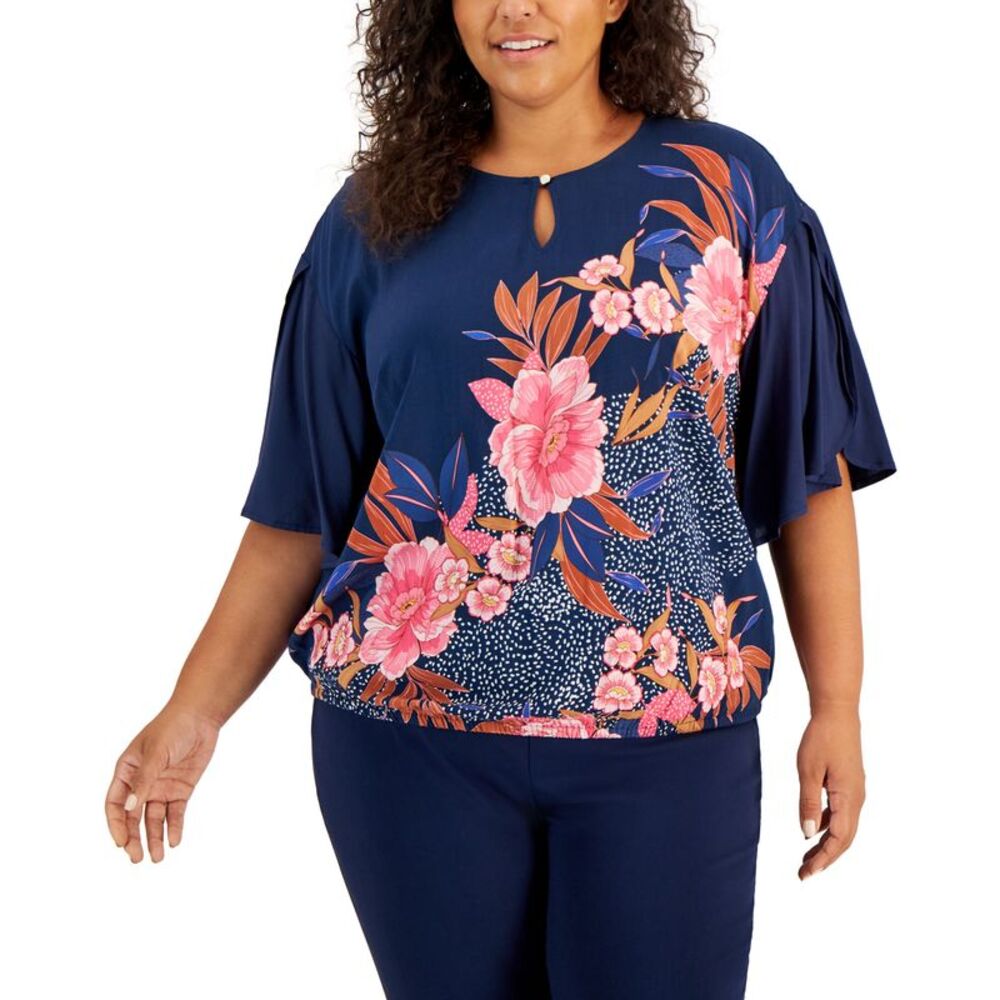 JM Collection Plus Size Keyhole Neck Floral Top